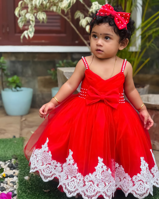 Red shade premium lace frock for baby girl front view – Stanwells Kids