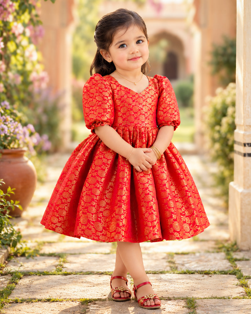 Red Silk Gold Floral Puff Sleeve Ethnic Frock Inspired by Zara Zyanna for Baby Girl – Stanwells Kids