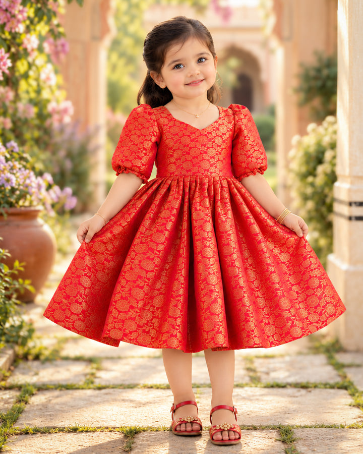 Red Silk Gold Floral Puff Sleeve Ethnic Frock – Front View – Stanwells Kids