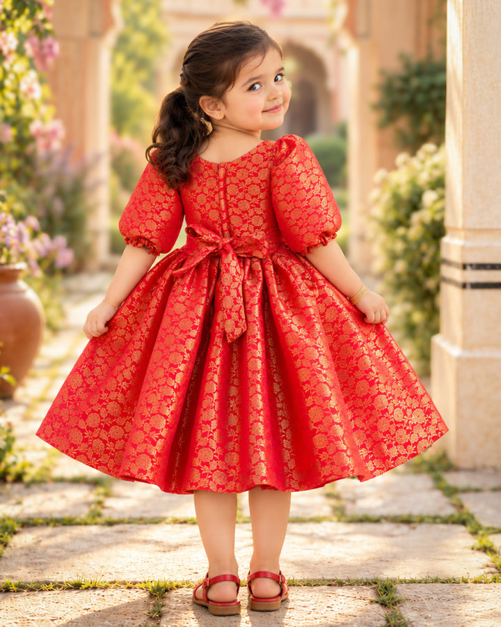 Red Silk Gold Floral Frock – Full Length – Baby Girl Ethnic Wear – Stanwells Kids