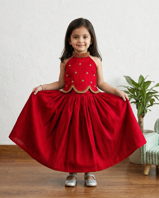 Red silky chiffon halter neck handwork lehenga choli for baby girl – front view, Stanwells Kids