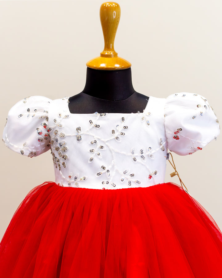 red and white Christmas frock for baby girls, designer birthday dress, festive kids party wear, baby girl Christmas outfit, Stanwells Kids dress