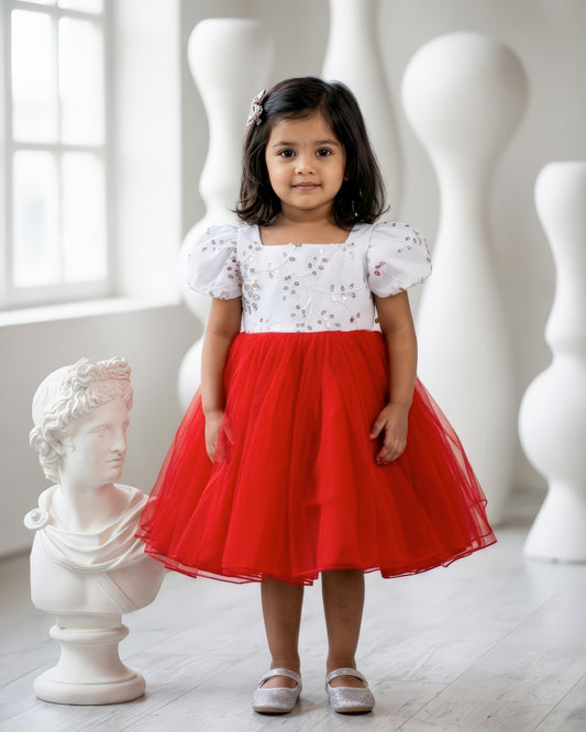 red and white Christmas frock for baby girls, designer birthday dress, festive kids party wear, baby girl Christmas outfit, Stanwells Kids dress