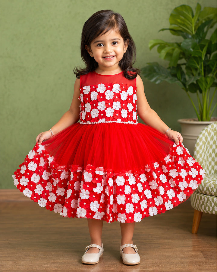 Red and white flower frock for girls – front view, Stanwells Kids