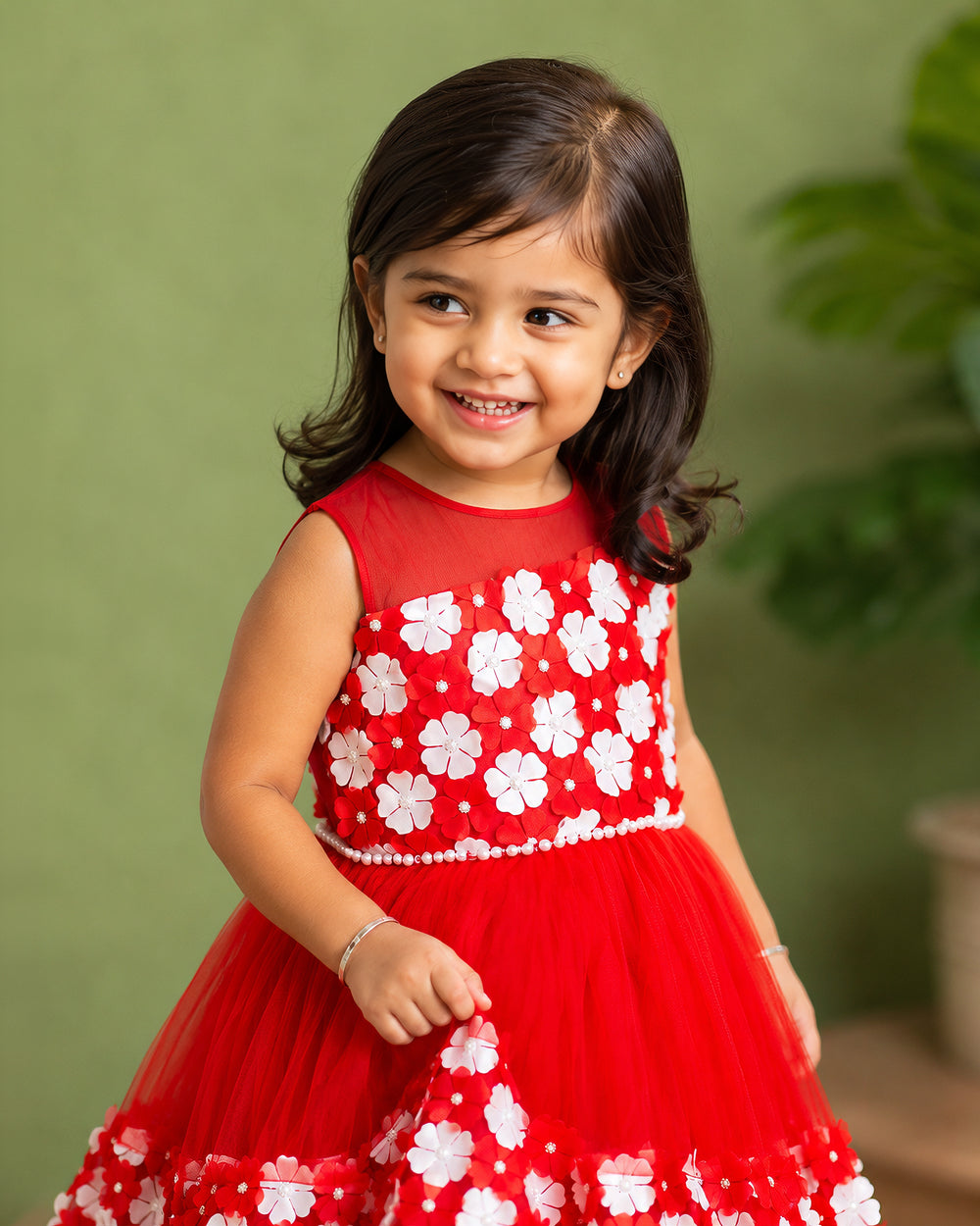 Red and white flower frock for girls – front view, Stanwells Kids