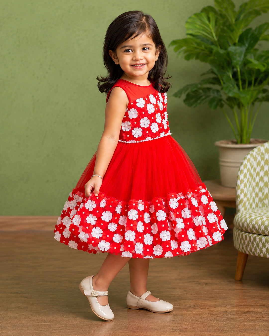 Red and white flower frock for girls – front view, Stanwells Kids