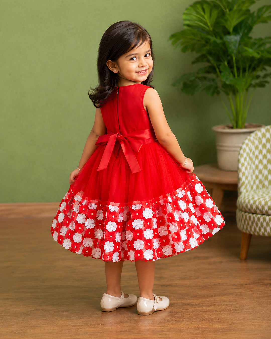 Red and white flower frock for girls – front view, Stanwells Kids