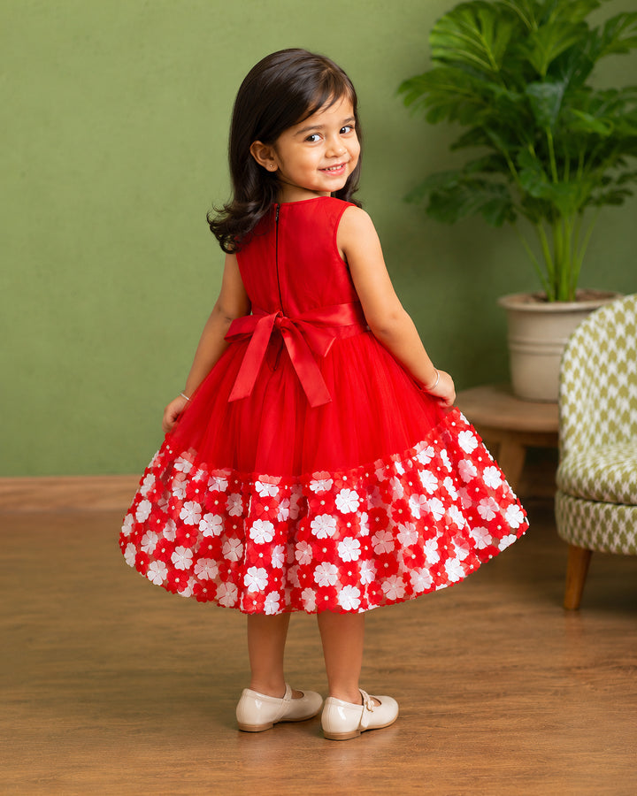 Red and white flower frock for girls – front view, Stanwells Kids