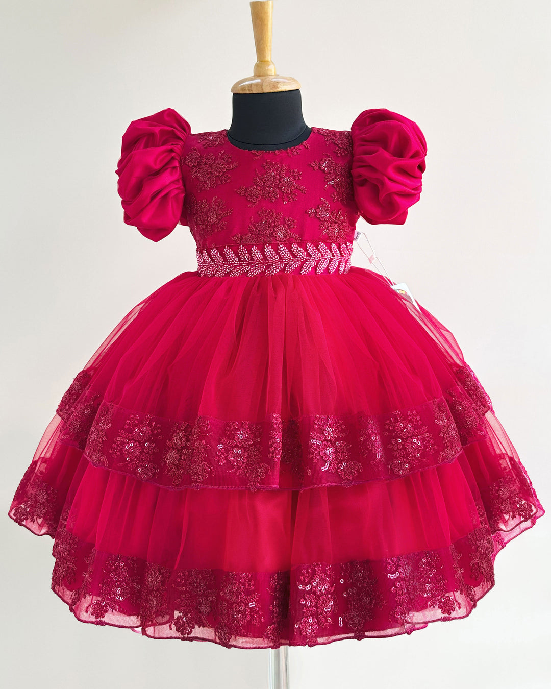 "Reddish Maroon Baby Girls Birthday Dress, Embroidery Partywear, Puff Sleeves, Comfortable Baby Girls Frock, Birthday Outfit for Girls