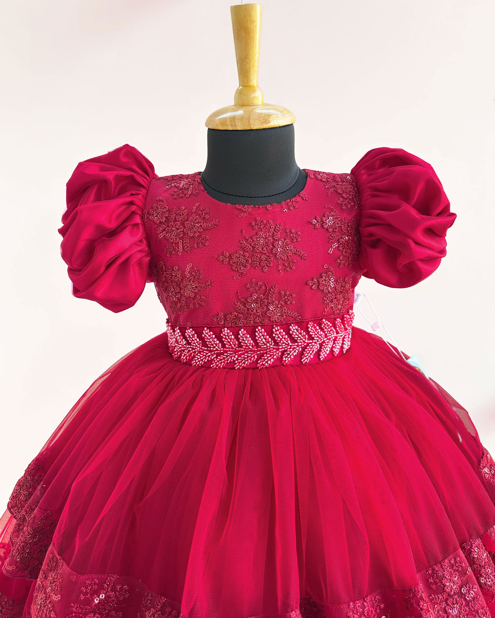 "Reddish Maroon Baby Girls Birthday Dress, Embroidery Partywear, Puff Sleeves, Comfortable Baby Girls Frock, Birthday Outfit for Girls