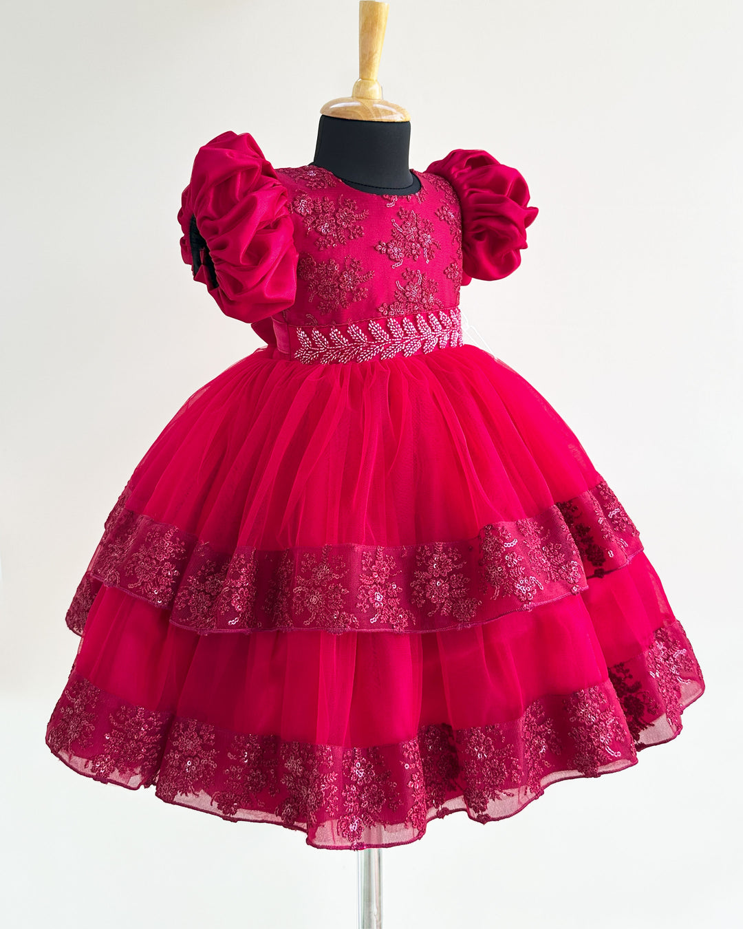 "Reddish Maroon Baby Girls Birthday Dress, Embroidery Partywear, Puff Sleeves, Comfortable Baby Girls Frock, Birthday Outfit for Girls