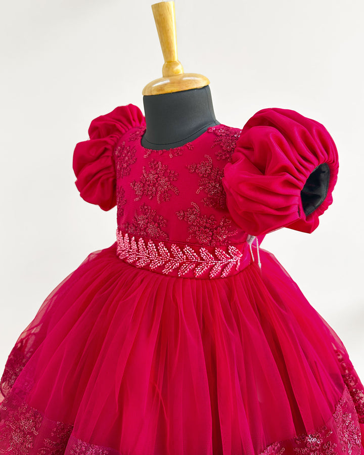 "Reddish Maroon Baby Girls Birthday Dress, Embroidery Partywear, Puff Sleeves, Comfortable Baby Girls Frock, Birthday Outfit for Girls