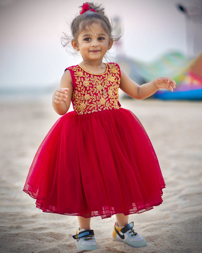 Reddish Meroon Shade Heavy Handwork Partywear Wedding Frock