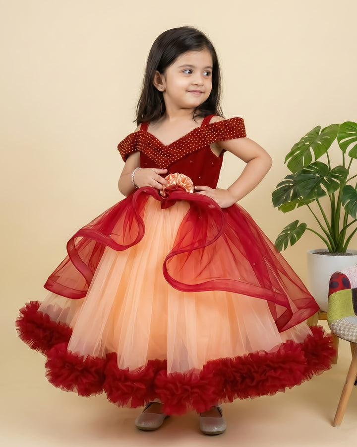 baby girls reddish maroon coral birthday party wear full gown

kids heavy partywear gown for birthday function

toddler girl premium birthday dress long gown

designer baby girl full length party dress maroon coral

girls birthday photoshoot gown heavy 