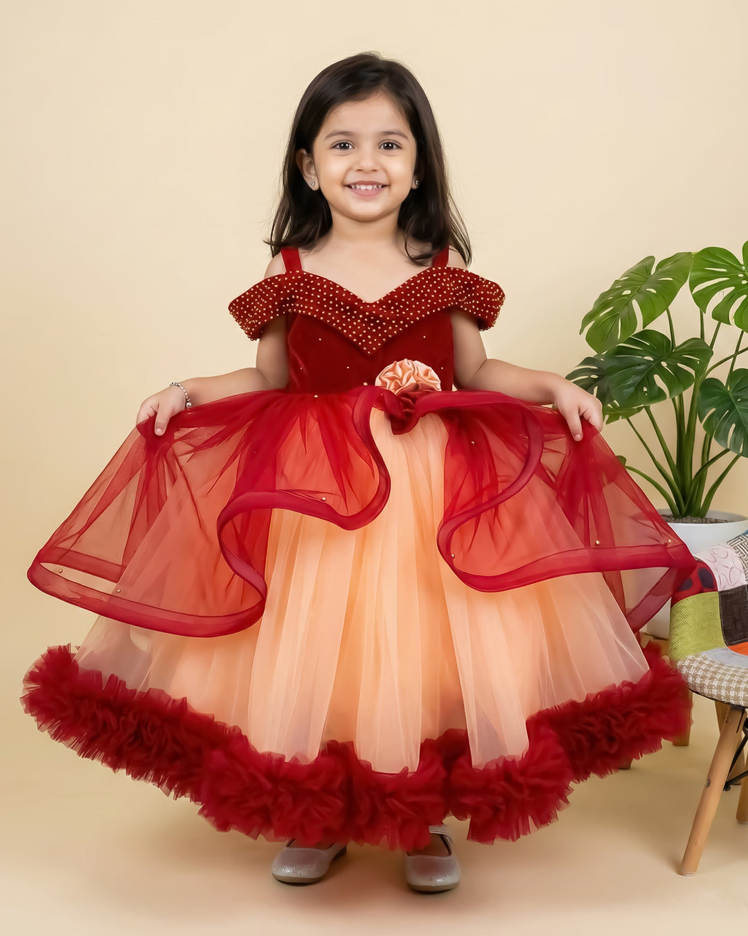 Reddish Maroon Coral Heavy Party Wear Birthday Full Gown for Girls –  Stanwells Kids