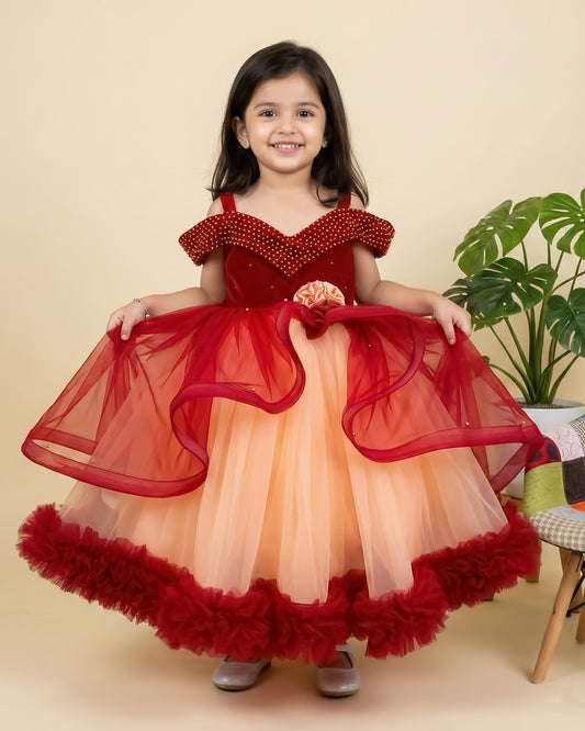 Reddish maroon coral full gown side view baby girl – Stanwells Kids