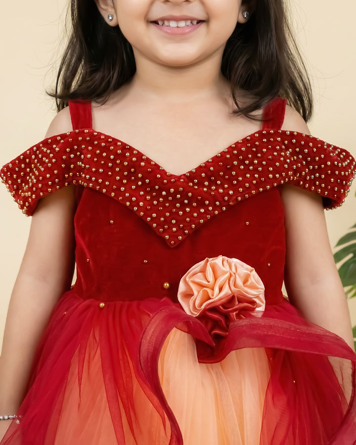 baby girls reddish maroon coral birthday party wear full gown

kids heavy partywear gown for birthday function

toddler girl premium birthday dress long gown

designer baby girl full length party dress maroon coral

girls birthday photoshoot gown heavy 