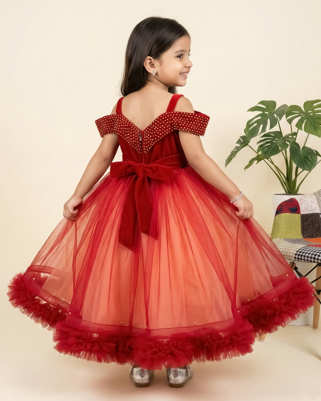 baby girls reddish maroon coral birthday party wear full gown

kids heavy partywear gown for birthday function

toddler girl premium birthday dress long gown

designer baby girl full length party dress maroon coral

girls birthday photoshoot gown heavy 