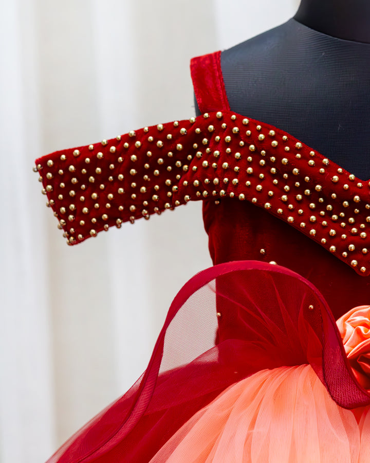 baby girls reddish maroon coral birthday party wear full gown

kids heavy partywear gown for birthday function

toddler girl premium birthday dress long gown

designer baby girl full length party dress maroon coral

girls birthday photoshoot gown heavy work