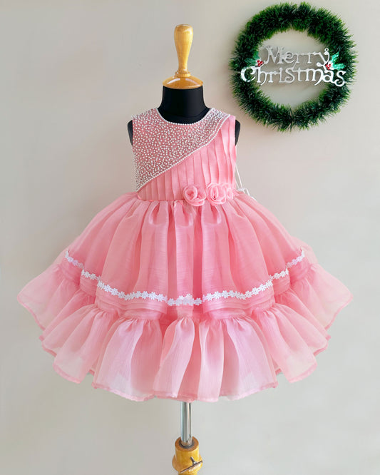Rose pink handwork organza birthday dress for baby girls, party frock, Christmas special dress, elegant baby girl outfit, festive frock for birthdays and events
