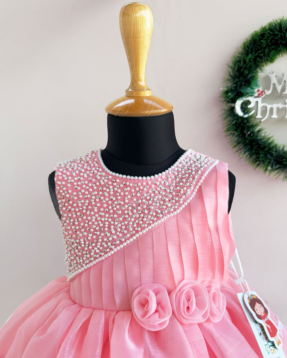Rose pink handwork organza birthday dress for baby girls, party frock, Christmas special dress, elegant baby girl outfit, festive frock for birthdays and events