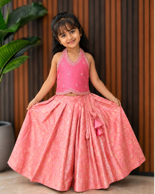 Rose pink premium Banarasi brocade handwork lehenga choli for baby girl – front view, Stanwells Kids