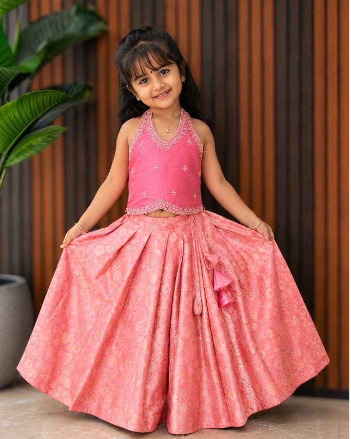 Rose pink premium Banarasi brocade handwork lehenga choli for baby girl – front view, Stanwells Kids