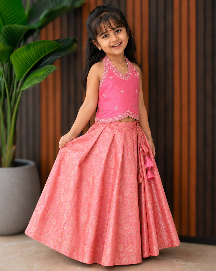 Rose pink premium Banarasi brocade handwork lehenga choli for baby girl – front view, Stanwells Kids