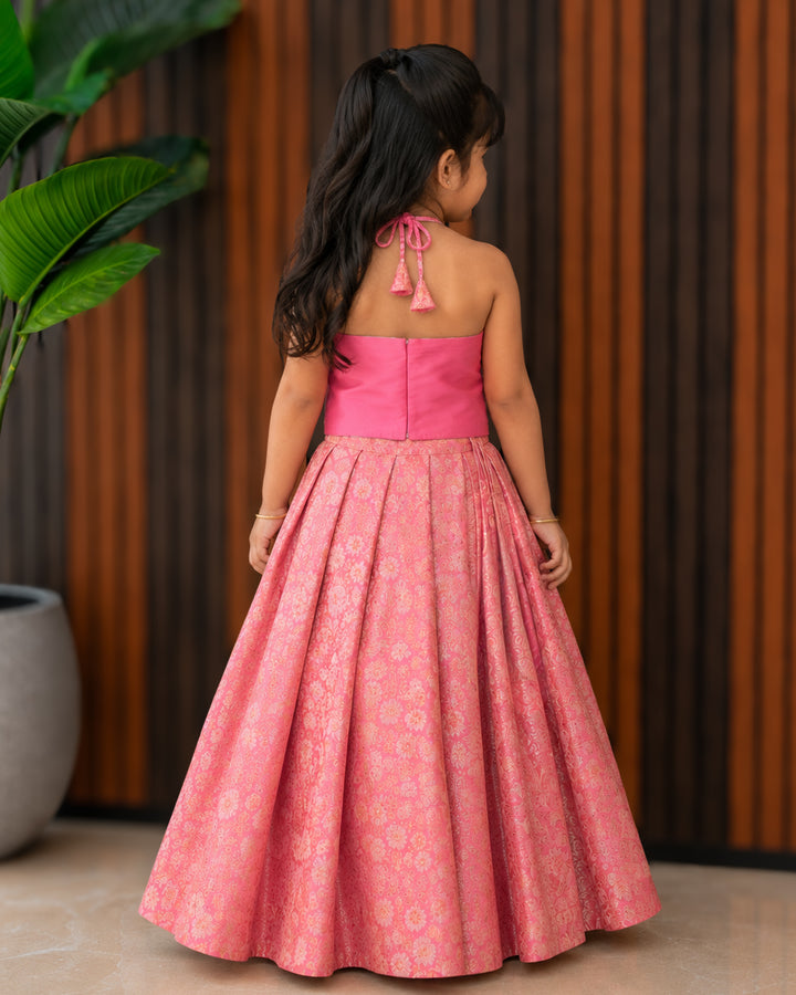 Rose pink premium Banarasi brocade handwork lehenga choli for baby girl – front view, Stanwells Kids