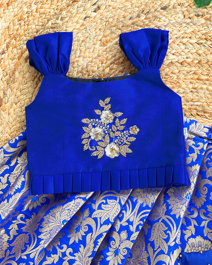 Baby girls royal blue silk Banarasi handwork lehenga choli birthday dress