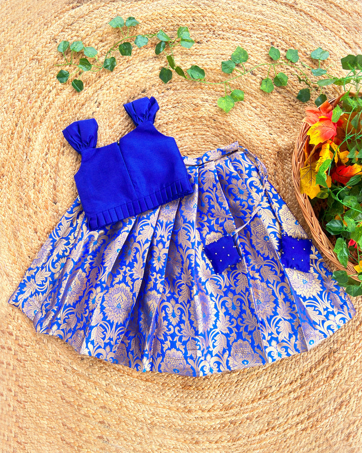 Baby girls royal blue silk Banarasi handwork lehenga choli birthday dress