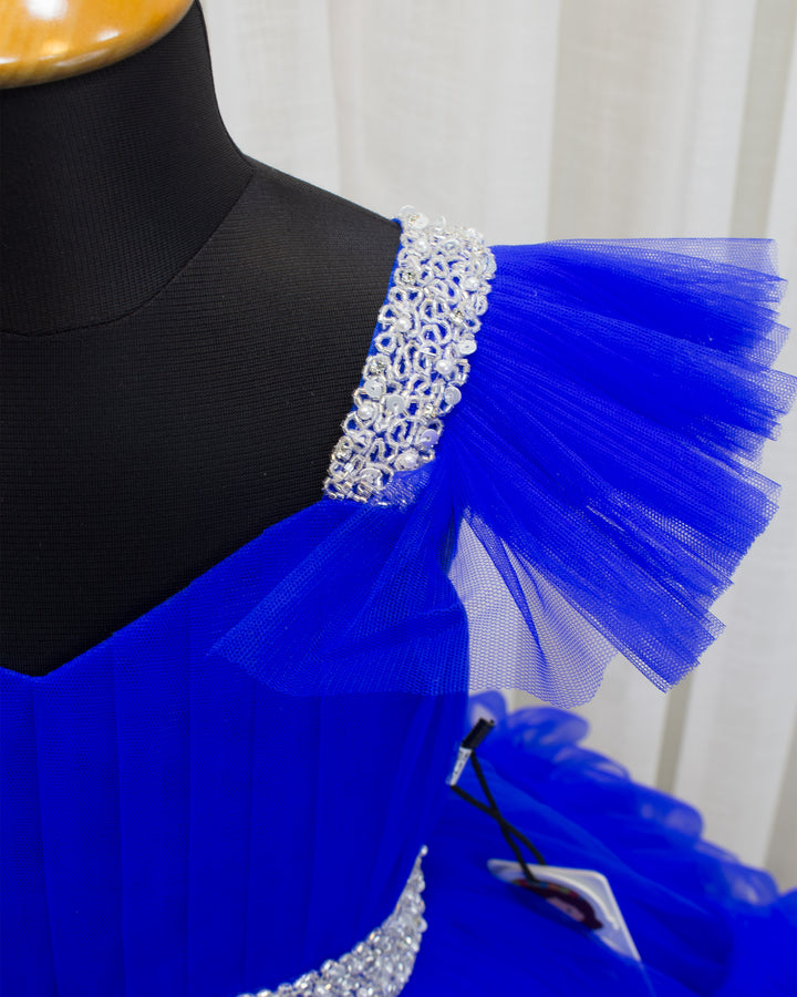 royal blue birthday dress for baby girls, handwork party wear frock, premium kids birthday outfit, baby girls royal blue frock 1st birthday, stanwells kids dress, comfortable soft lining