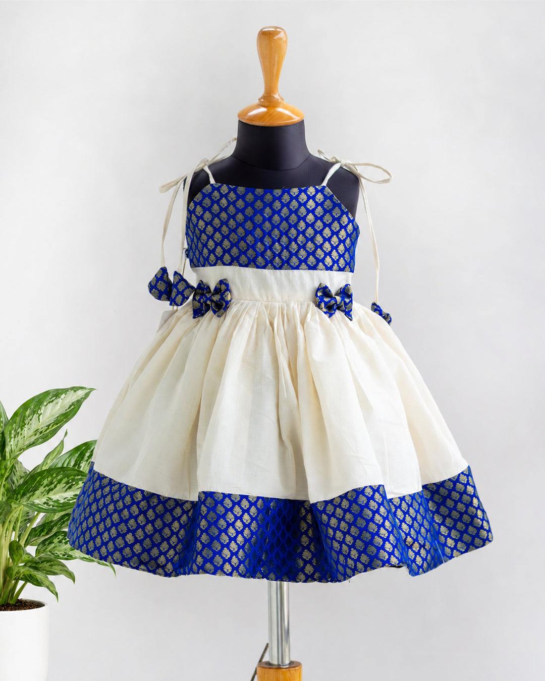 Royal blue and cream brocade bow Kettuduppu frock for baby girl – Stanwells Kids