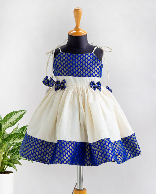 Royal blue and cream brocade bow Kettuduppu frock for baby girl – Stanwells Kids