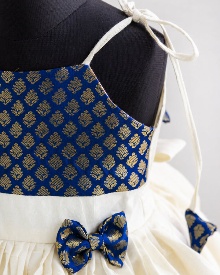 Royal blue cream brocade Onam Kettuduppu frock full look – Stanwells Kids