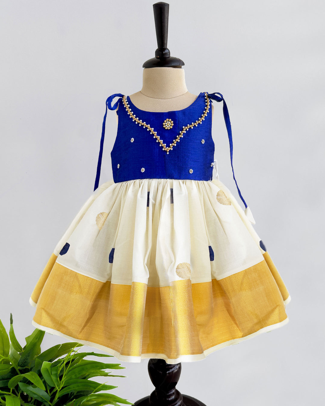 Royal Blue and Cream Kerala Handloom Baby Girl Birthday Dress with Embroidery

