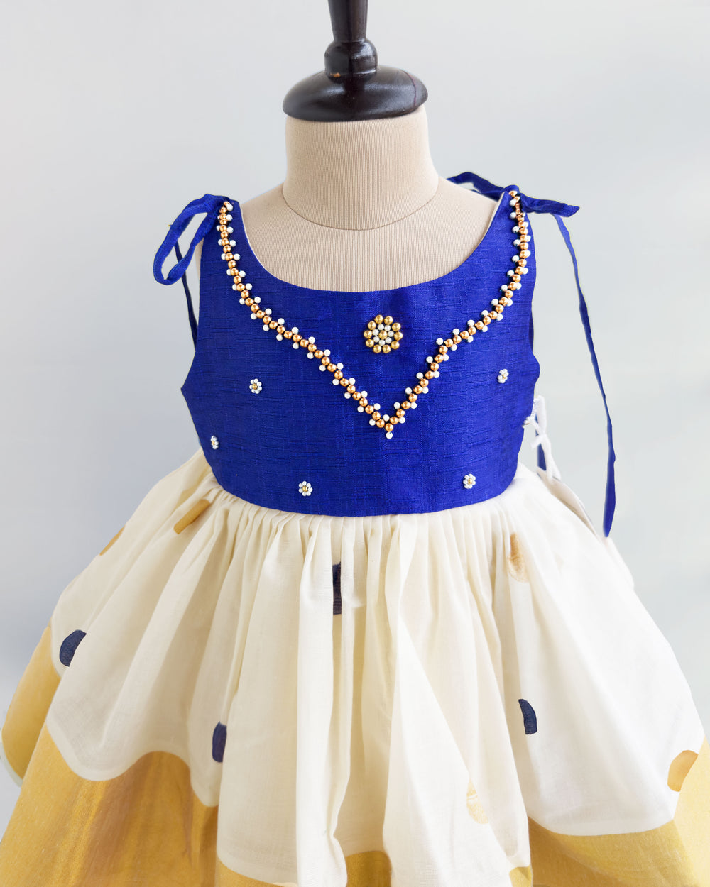 Royal Blue and Cream Kerala Handloom Baby Girl Birthday Dress with Embroidery

