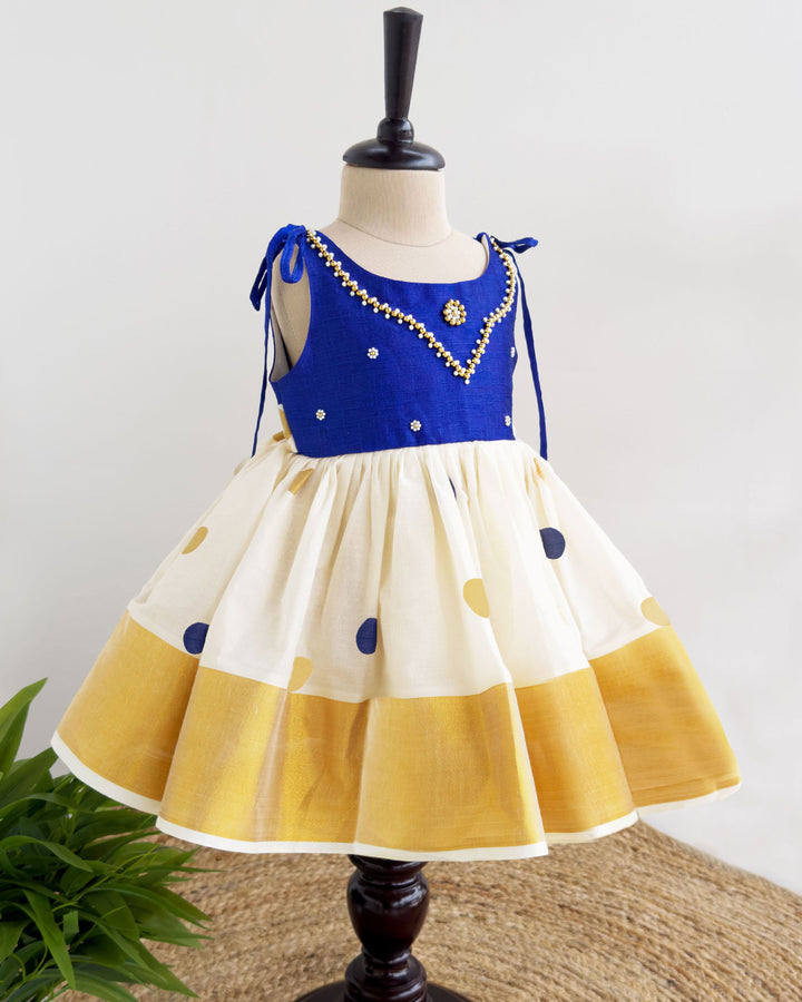 Royal Blue and Cream Kerala Handloom Baby Girl Birthday Dress with Embroidery

