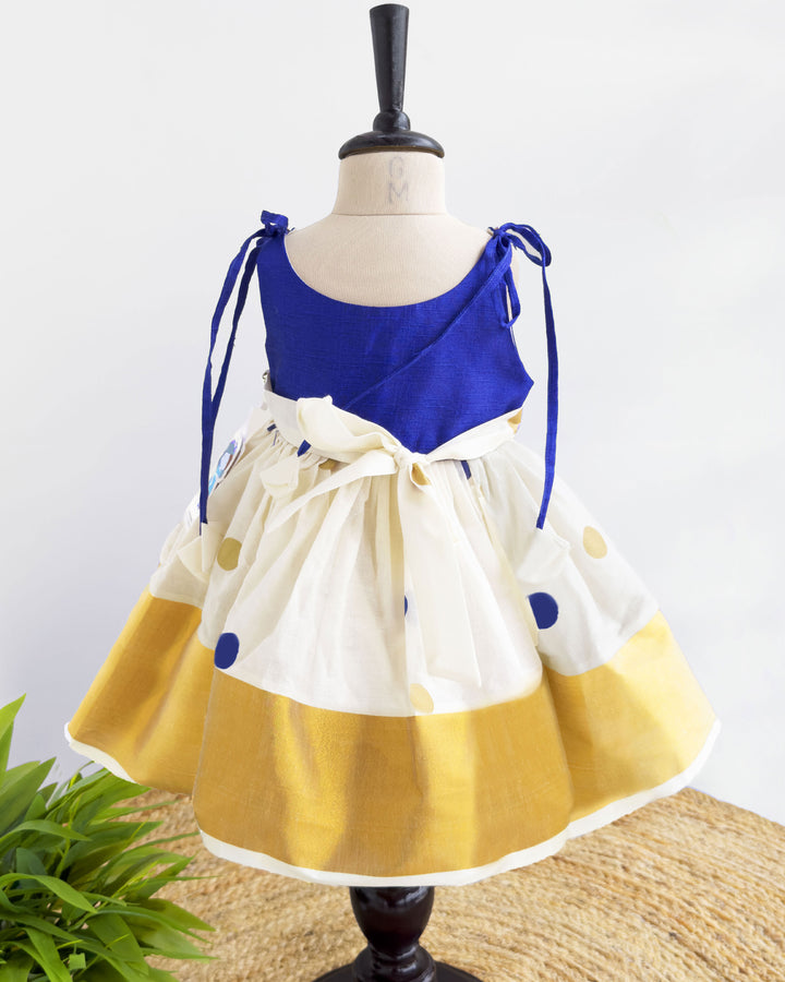Royal Blue and Cream Kerala Handloom Baby Girl Birthday Dress with Embroidery

