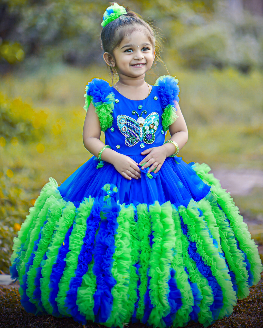 Royal Blue and Parrot Green Shade Butterfly Theme Handwork Partywear Full Gown