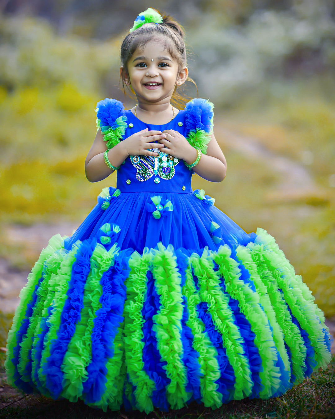 Royal Blue & Green Butterfly Applique Baby Girl Birthday Gown Stanwells Kids Royal Blue & Green Butterfly Applique Baby Girl Birthday Gown Stanwells Kids