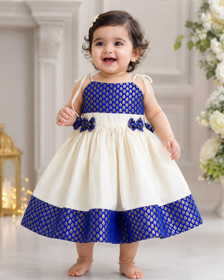 Royal blue and cream brocade bow Kettuduppu frock for baby girl – Stanwells Kids