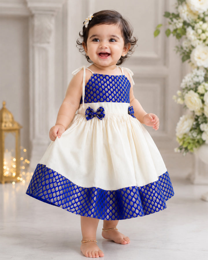 Royal blue and cream brocade bow Kettuduppu frock for baby girl – Stanwells Kids
