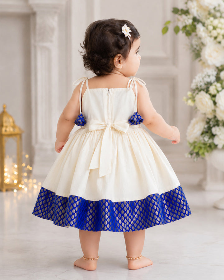 Royal blue and cream brocade bow Kettuduppu frock for baby girl – Stanwells Kids