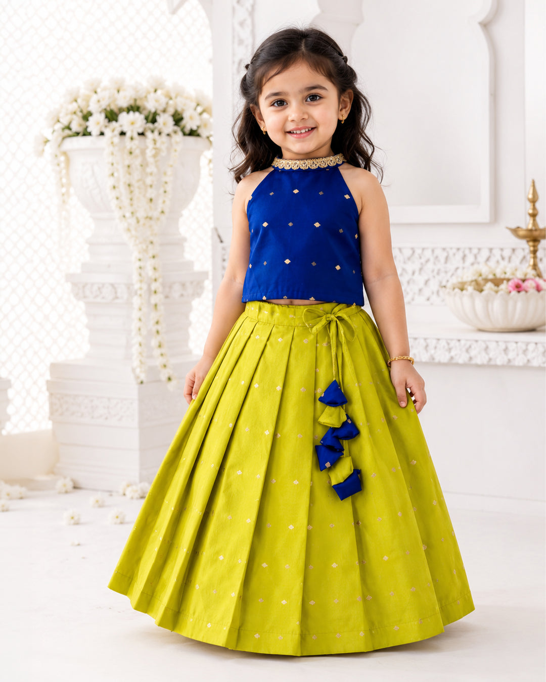 Royal blue and green festive lehenga choli for baby girl – front view, Stanwells Kids