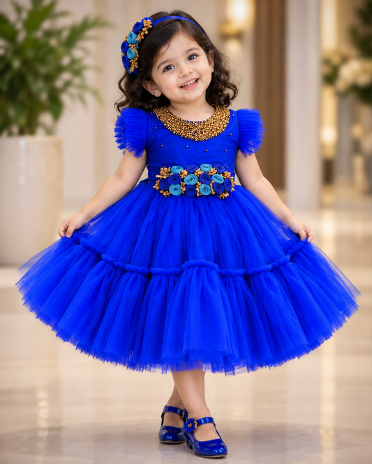 Royal blue handwork flower frock front view baby girl – Stanwells Kids