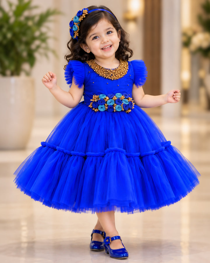Royal blue handwork flower frock front view baby girl – Stanwells Kids