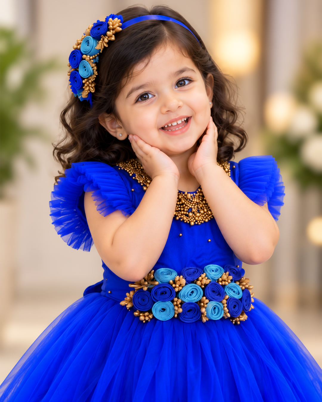 Royal blue handwork flower frock front view baby girl – Stanwells Kids