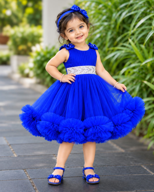 Royal blue ruffled pleated bow frock front view baby girl – Stanwells Kids