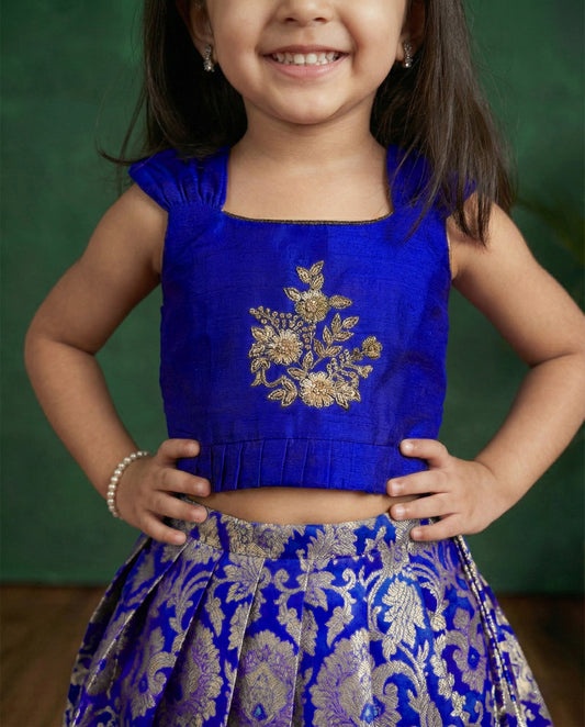 Baby girls royal blue silk Banarasi handwork lehenga choli birthday dress